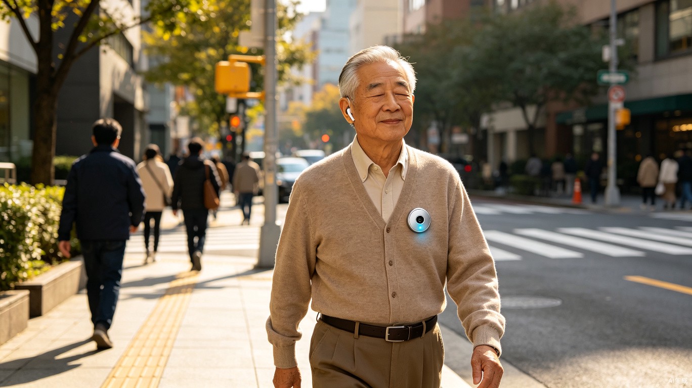 视障者佩戴导盲豆在城市街道独立行走